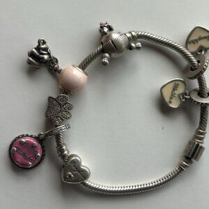 Authentic Pandora Sterling Silver Bracelet with 6 Pandora Sterling Silver Charms
